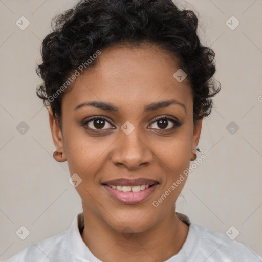 Joyful latino young-adult female with short  brown hair and brown eyes