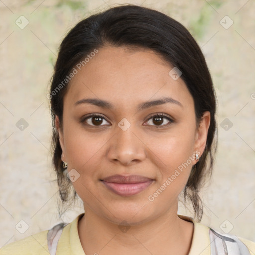 Joyful latino young-adult female with medium  brown hair and brown eyes