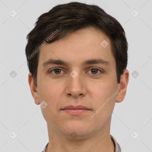 Neutral white young-adult male with short  brown hair and brown eyes