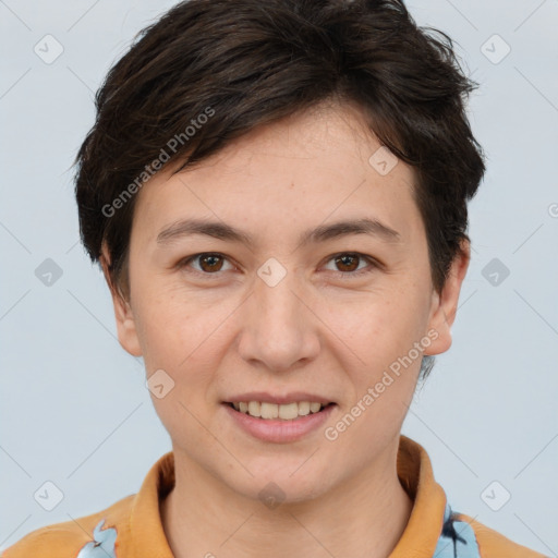 Joyful white young-adult female with short  brown hair and brown eyes