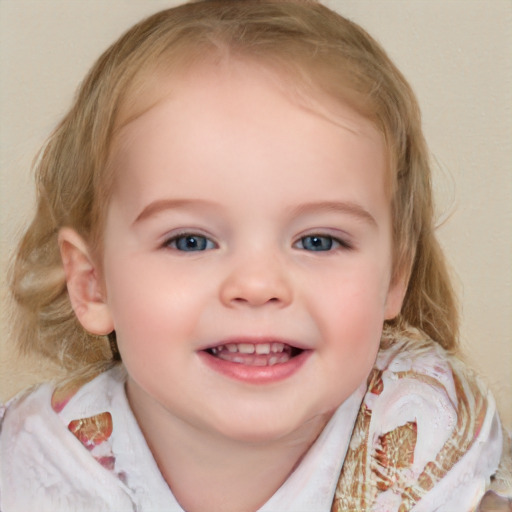 Joyful white child female with medium  brown hair and blue eyes