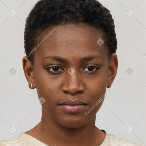 Neutral black young-adult female with short  brown hair and brown eyes