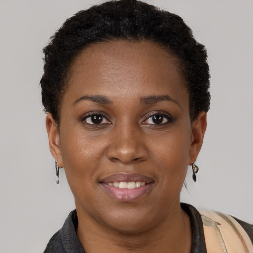 Joyful black young-adult female with short  brown hair and brown eyes