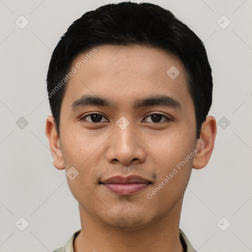 Joyful asian young-adult male with short  black hair and brown eyes