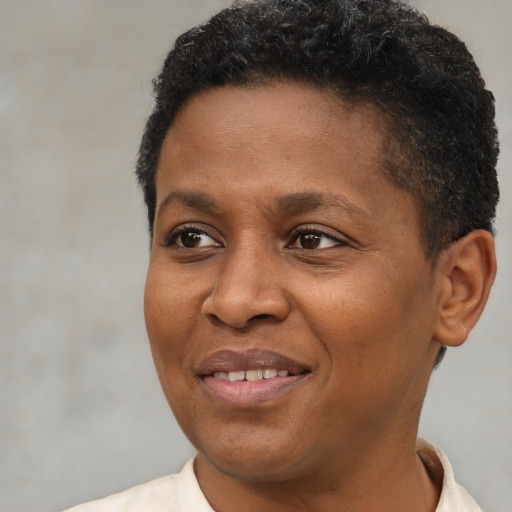 Joyful black young-adult female with short  brown hair and brown eyes
