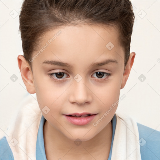 Joyful white child female with short  brown hair and brown eyes