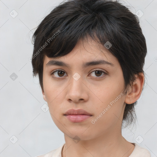 Neutral asian young-adult female with medium  brown hair and brown eyes