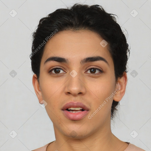 Neutral latino young-adult female with short  black hair and brown eyes