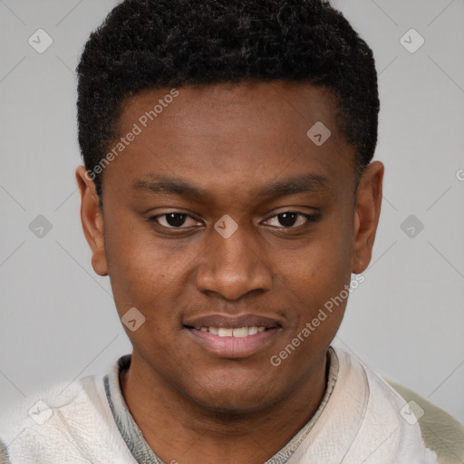 Joyful black young-adult male with short  brown hair and brown eyes