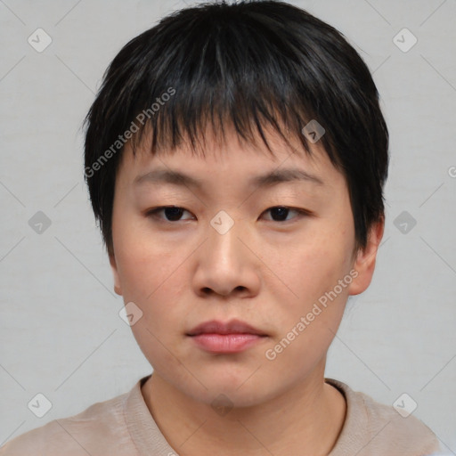 Neutral asian young-adult female with short  brown hair and brown eyes