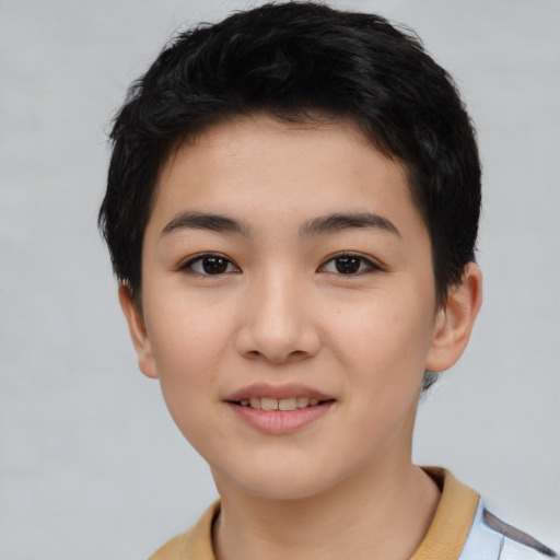 Joyful asian young-adult female with short  black hair and brown eyes