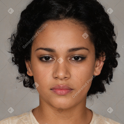 Neutral latino young-adult female with medium  black hair and brown eyes