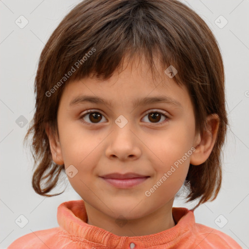 Joyful white child female with medium  brown hair and brown eyes