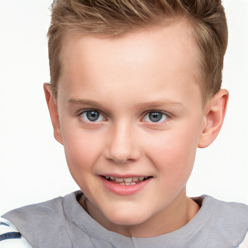 Joyful white child male with short  brown hair and grey eyes