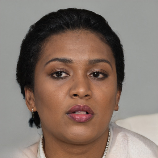 Joyful black young-adult female with short  brown hair and brown eyes
