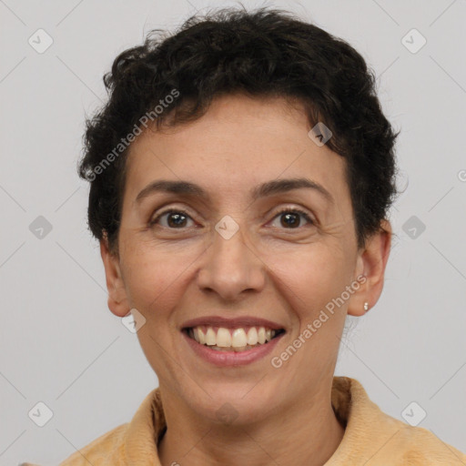 Joyful white adult female with short  brown hair and brown eyes