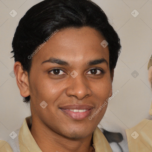 Joyful latino young-adult female with short  brown hair and brown eyes