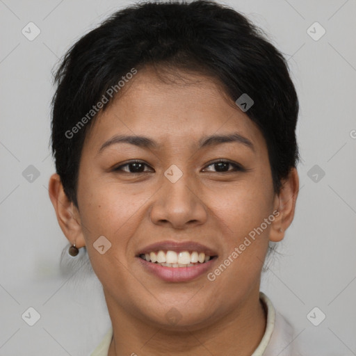 Joyful asian young-adult female with short  brown hair and brown eyes