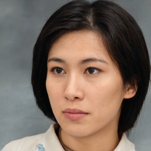 Neutral asian young-adult female with medium  brown hair and brown eyes