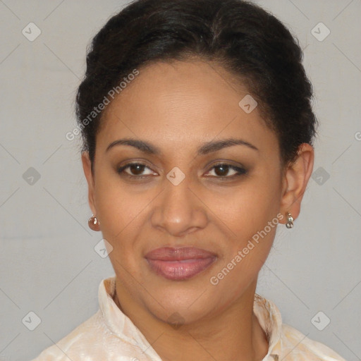 Joyful latino young-adult female with short  brown hair and brown eyes