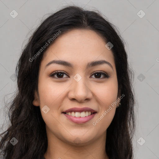 Joyful latino young-adult female with long  brown hair and brown eyes