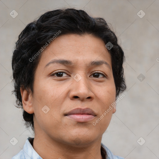 Joyful latino adult female with short  brown hair and brown eyes