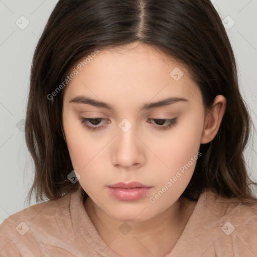 Neutral white young-adult female with medium  brown hair and brown eyes