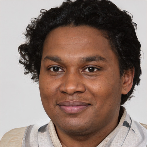Joyful black young-adult male with short  brown hair and brown eyes