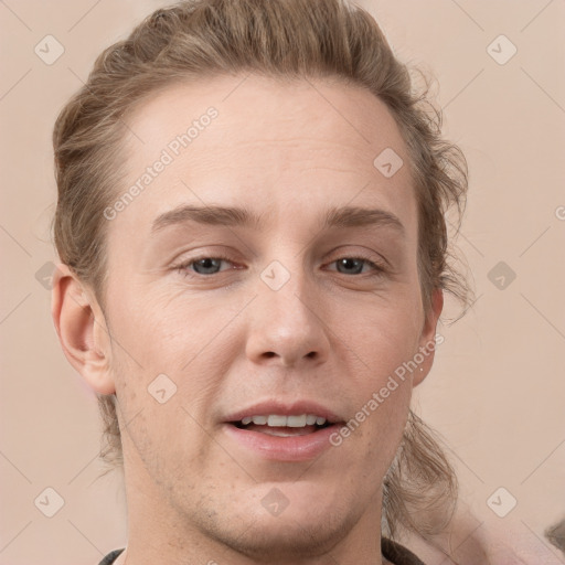 Joyful white adult male with short  brown hair and grey eyes