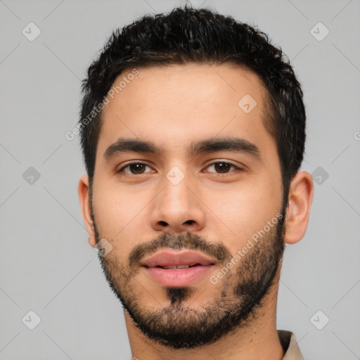 Neutral latino young-adult male with short  black hair and brown eyes