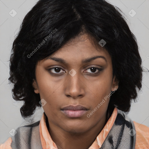 Neutral asian young-adult female with medium  black hair and brown eyes