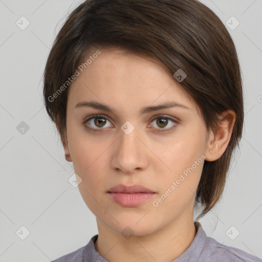 Neutral white young-adult female with medium  brown hair and brown eyes