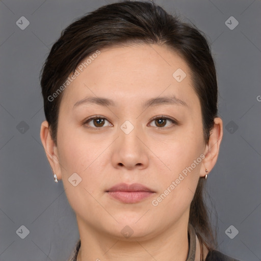 Neutral white young-adult female with medium  brown hair and brown eyes