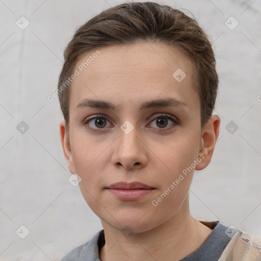 Neutral white young-adult female with short  brown hair and brown eyes