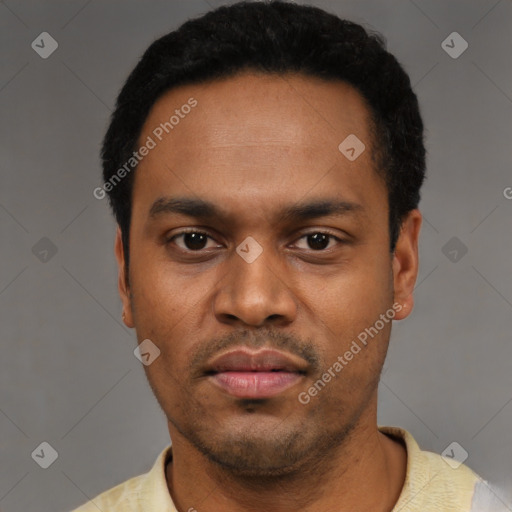 Neutral latino young-adult male with short  black hair and brown eyes