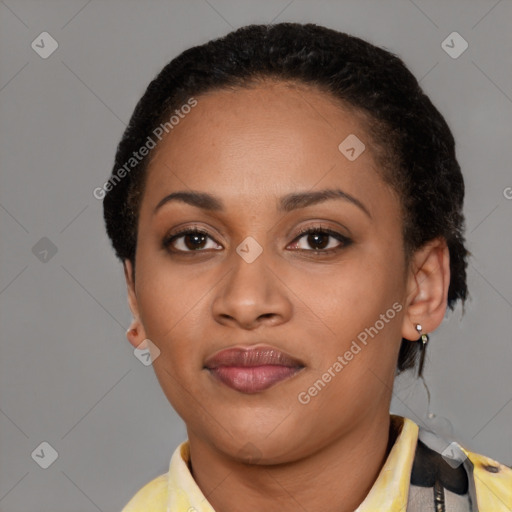 Joyful latino young-adult female with short  black hair and brown eyes