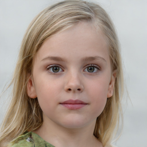 Neutral white child female with medium  brown hair and grey eyes