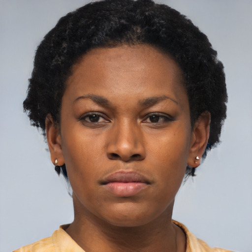 Neutral black young-adult female with short  black hair and brown eyes