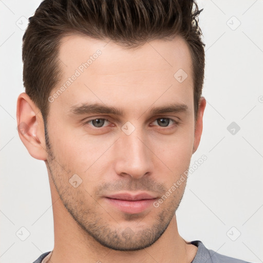 Neutral white young-adult male with short  brown hair and brown eyes