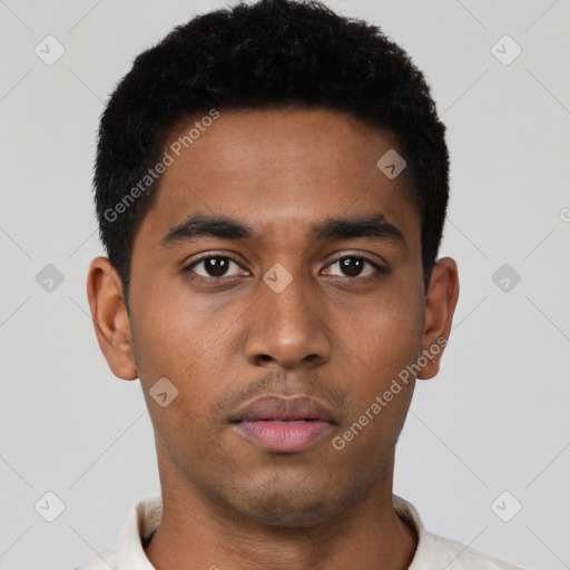 Neutral latino young-adult male with short  brown hair and brown eyes