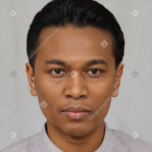 Neutral black young-adult male with short  black hair and brown eyes
