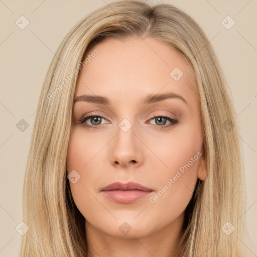 Neutral white young-adult female with long  brown hair and brown eyes