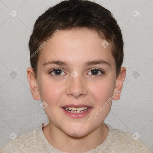 Joyful white child female with short  brown hair and brown eyes