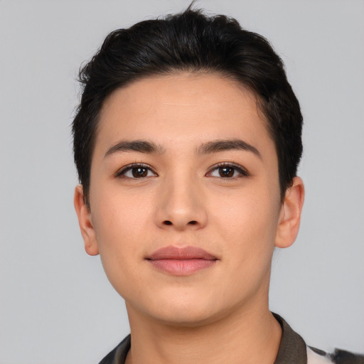 Neutral asian young-adult female with short  brown hair and brown eyes