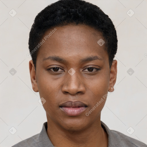 Neutral black young-adult female with short  black hair and brown eyes