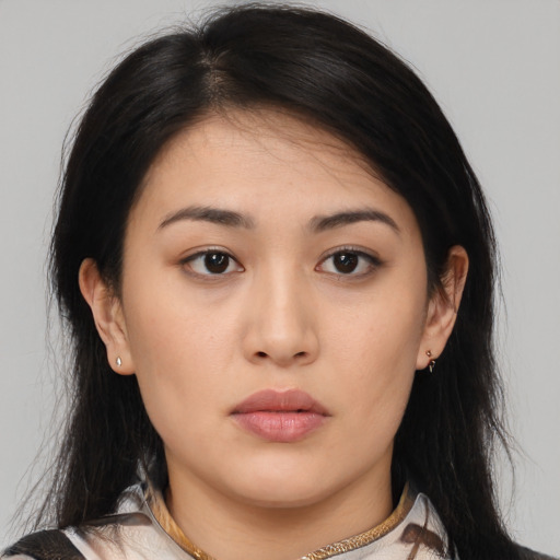 Neutral asian young-adult female with medium  black hair and brown eyes