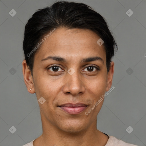 Joyful white adult female with short  brown hair and brown eyes