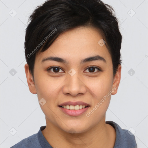 Joyful asian young-adult female with short  brown hair and brown eyes