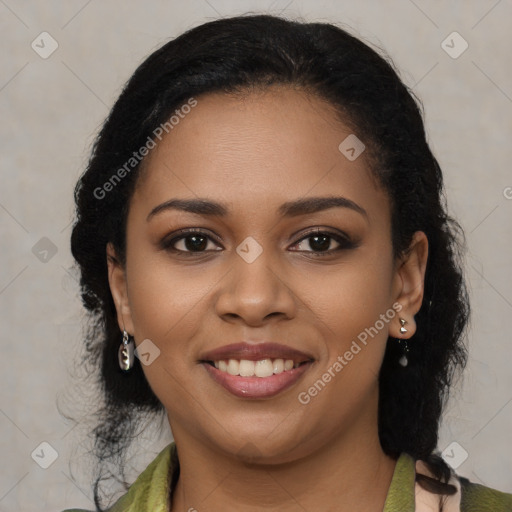 Joyful black young-adult female with medium  black hair and brown eyes