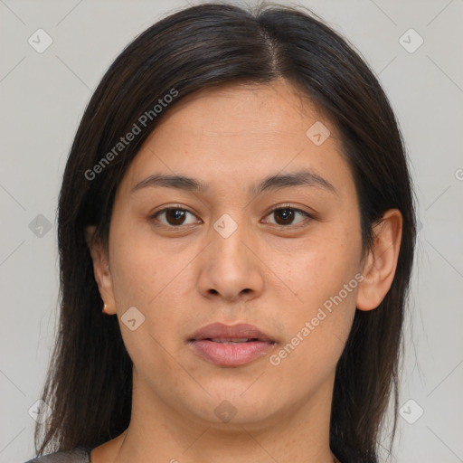 Neutral asian young-adult female with medium  brown hair and brown eyes